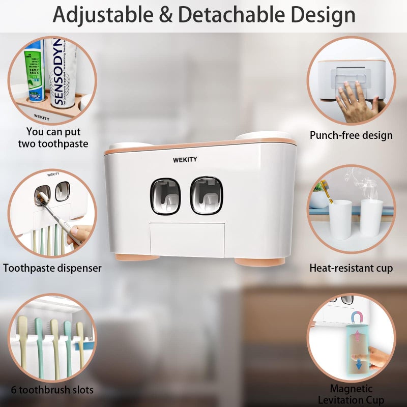Wekity Toothbrush Holder Wall Mounted  WEKITY Multi-Functional Toothbrush and Toothpaste Dispenser for Bathroom  with 5 Toothbrush Slots  2 Toothpaste Squeezers and 4 Cups(Pink) - Image 2